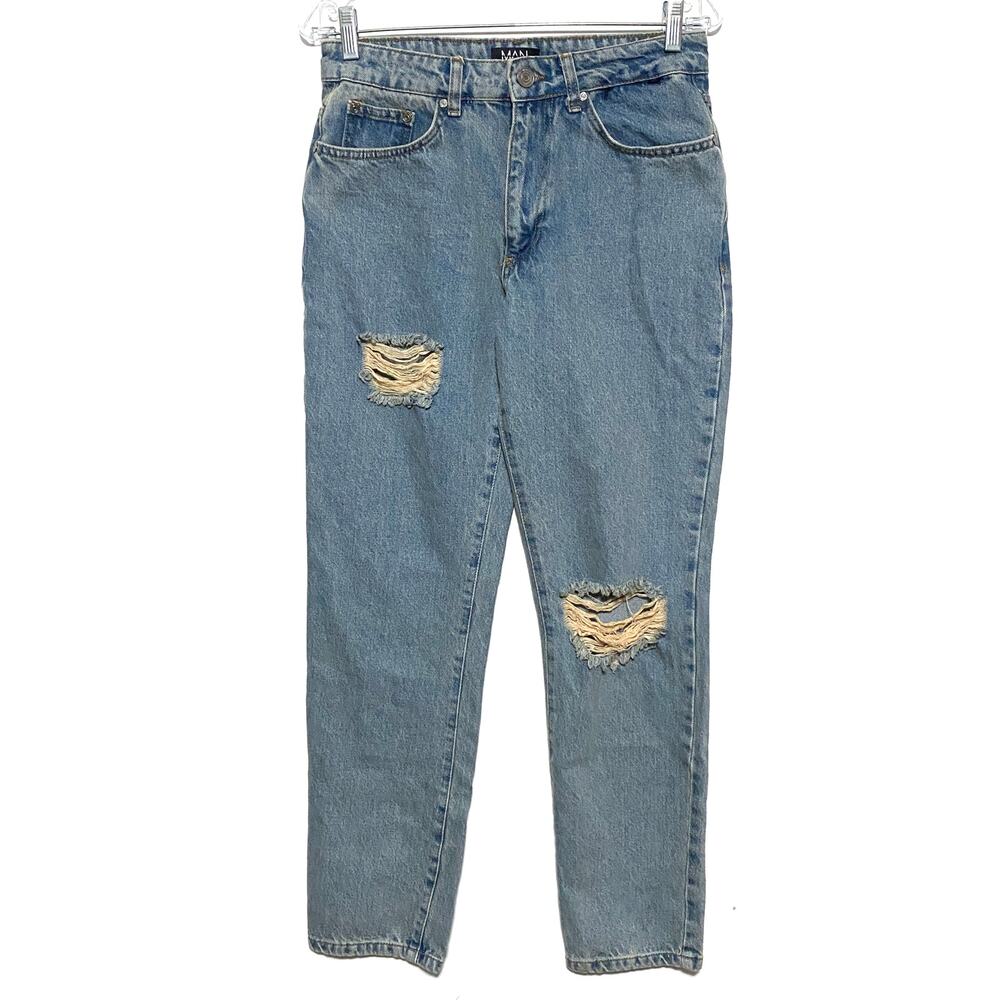 BooHooMan Homme Spell Out Pocket Jeans 30 Stretch Distressed Trashed Grunge Y2K